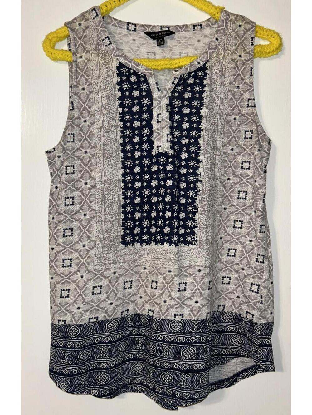 Lucky Brand Top Womens Small Blue Gray sleeveless Boho Border Print Summer